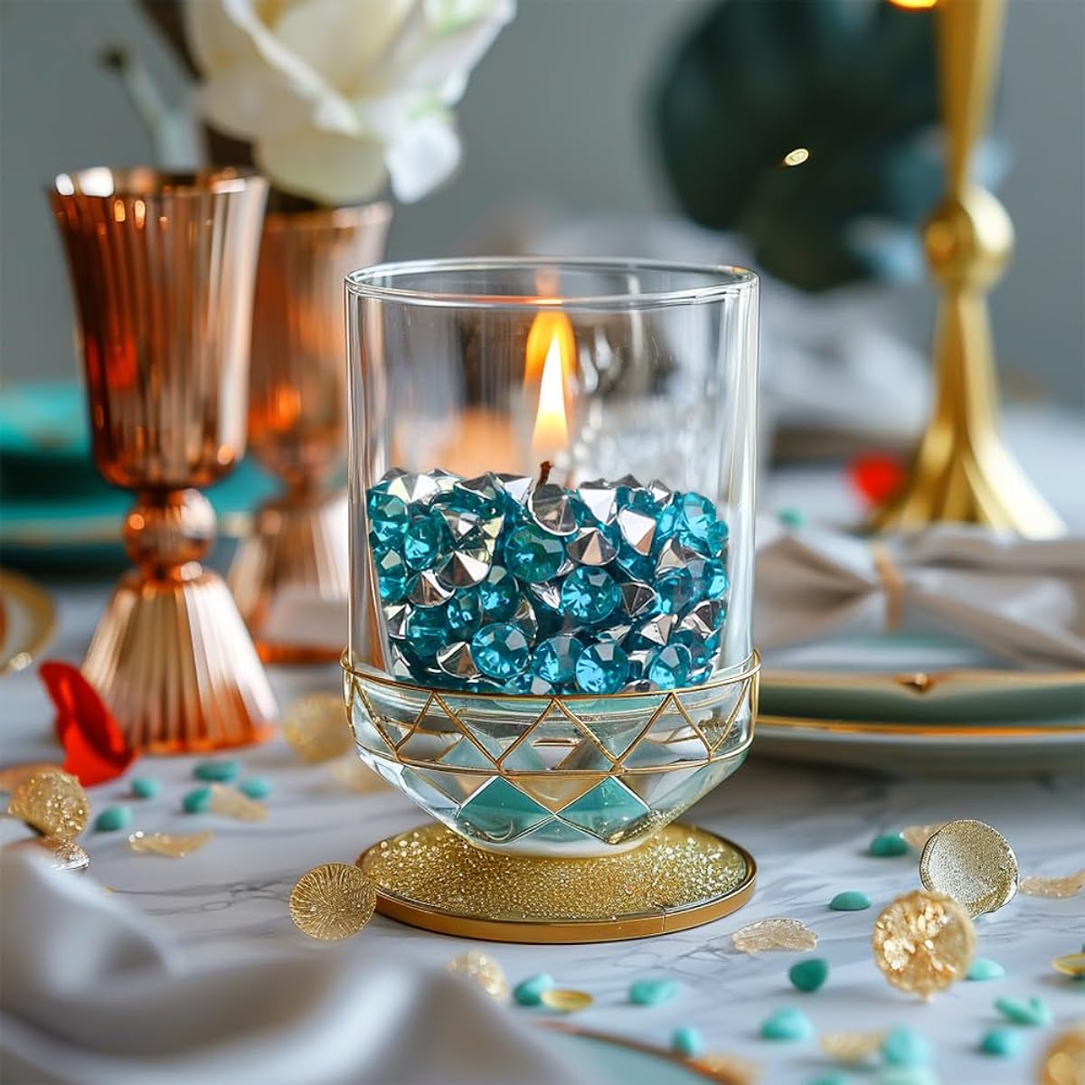 HappyFiller900pcs Wedding Table Scatter Crystal Acrylic Diamond Rhinestones (Sea Blue & Silver) Vase Filler for Party Decorations Crafts Centerpieces