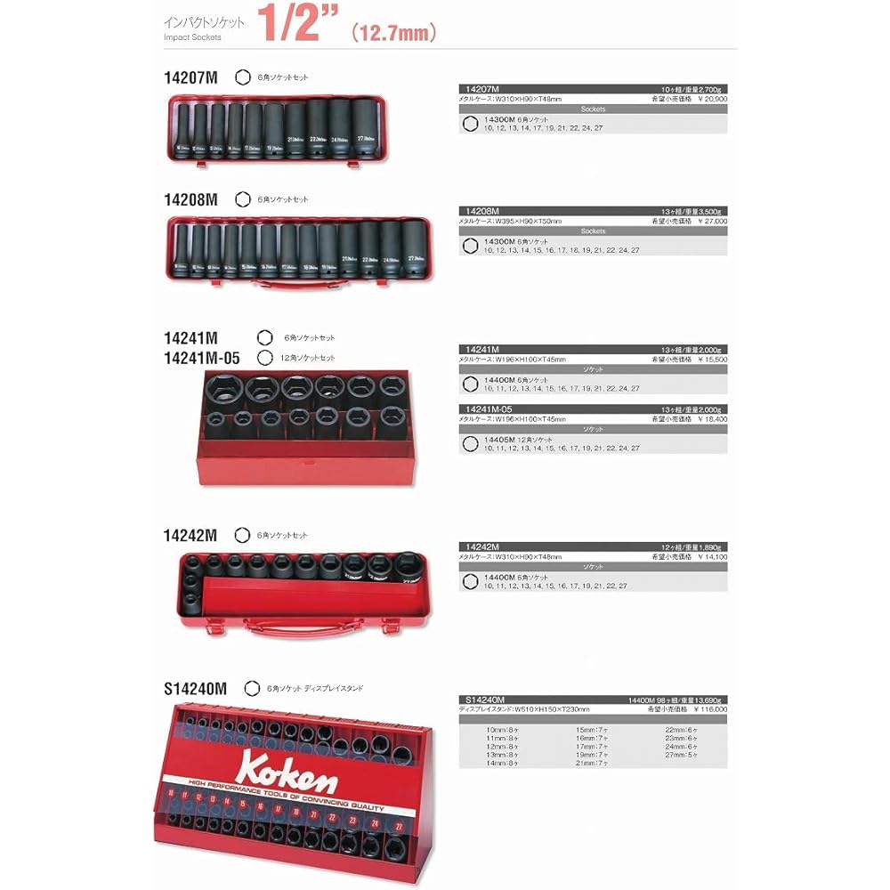 Koken 1/2(12.7mm)SQ. Impact 12-sided socket set 13 pieces 14241M-05