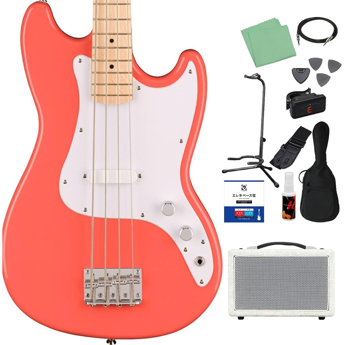 Squier by Fender SONIC BRONCO BASS Tahitian Coral Bass Beginner 12-piece set [Shimamura Music's best-selling bass amp included] Short scale Maple fingerboard Squier/Squier