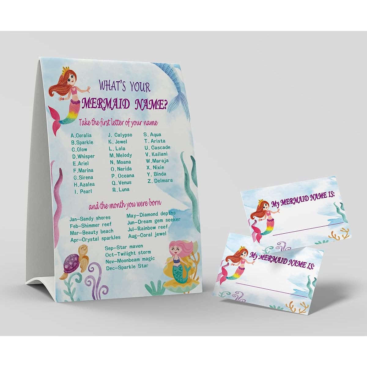 What's Your Mermaid Name Game 1 Mermaid Theme Sign 50 Name Tag Stickers for Kids and Adults Party Activity Game Office or Classroom F005