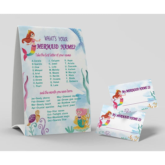 What's Your Mermaid Name Game 1 Mermaid Theme Sign 50 Name Tag Stickers for Kids and Adults Party Activity Game Office or Classroom F005