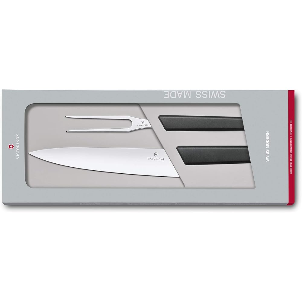 VICTORINOX Carving Set Black Set of 2 Swiss Modern Gyuto Knife Fork Meat 6.9093.21G