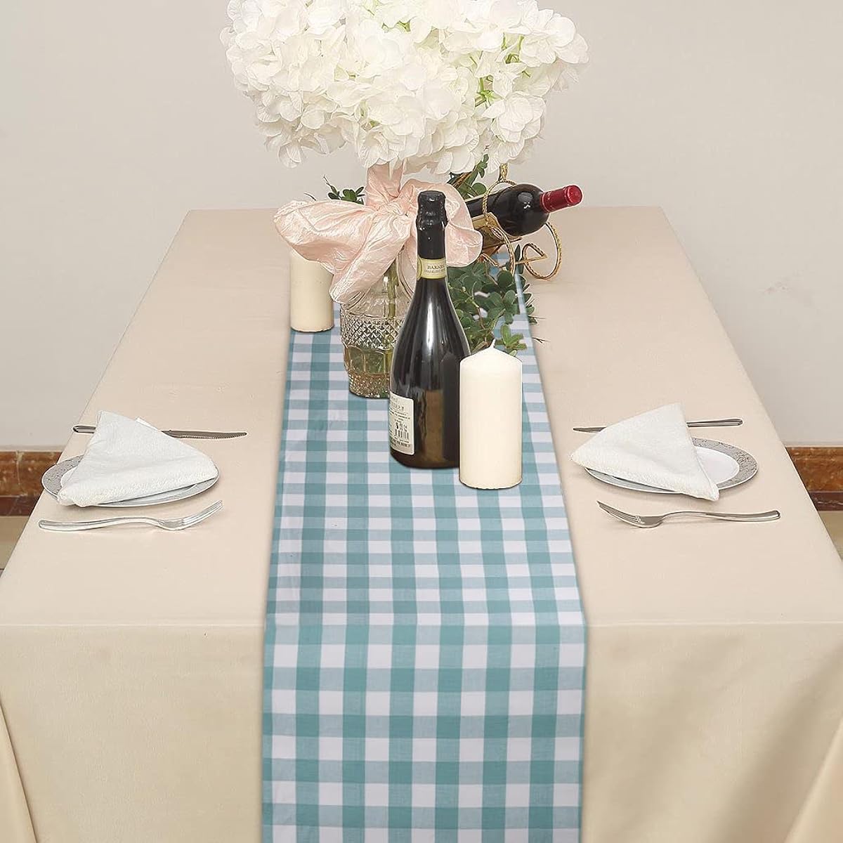 Urban Villa 100% Cotton Fused Table Runner 14" x 72" Oversized Aqua/White Buffalo Check Table Runner Heavier Quality 14" x 72" Aqua/White Check