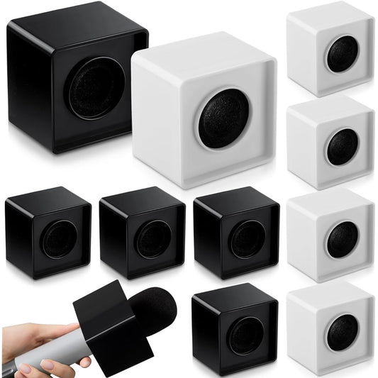 10Pcs Microphone Flag Station Portable Square Cube ABS Foam Mic Flag Logo Studio Equipment Mic Accessories for Reporter Host Interview (White, Black)