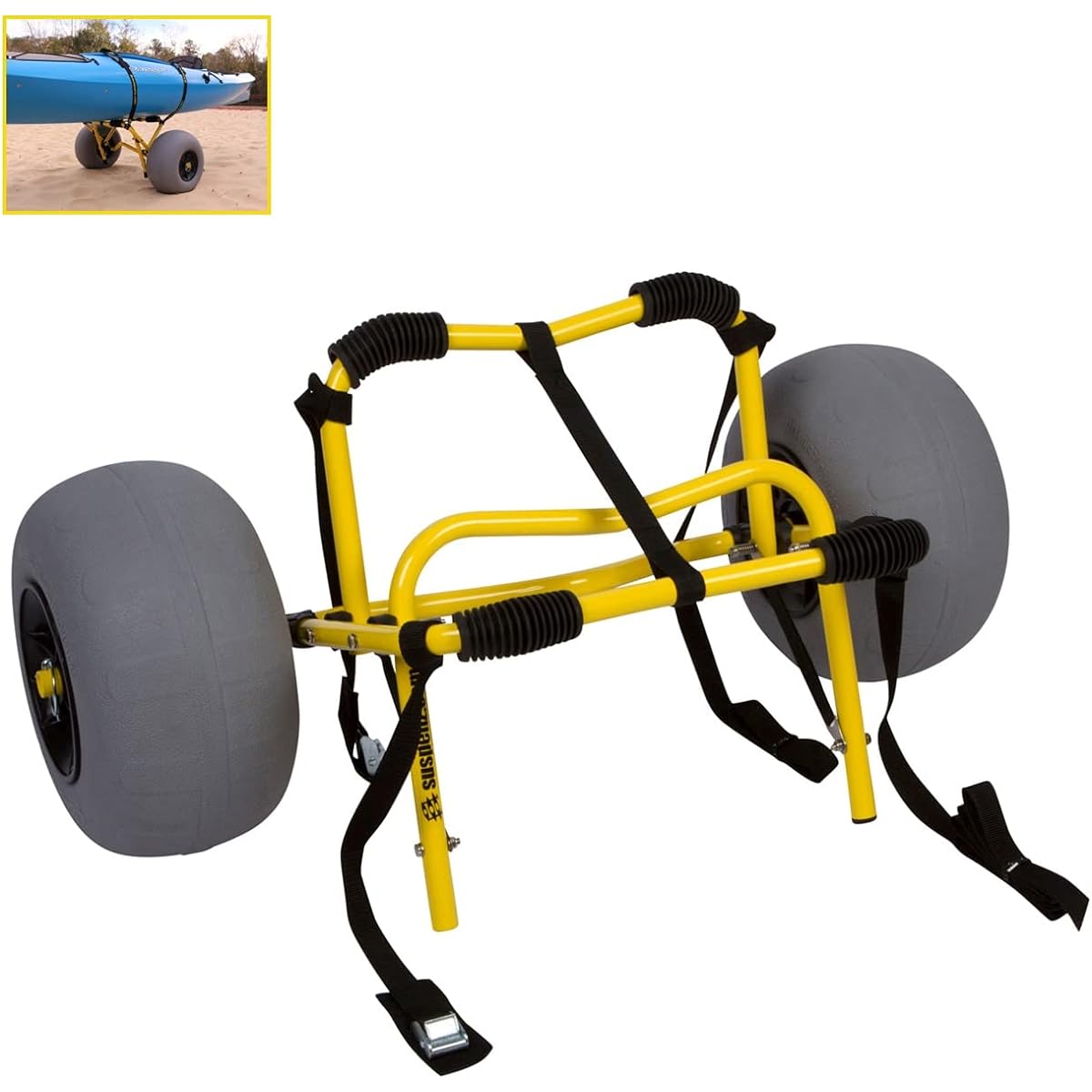 Suspenz Kayak Beach Cart Trailer DLX Canoe Trolley with Balloon Wheels Sand Tires and Straps Yellow Flat Platform 22-7044