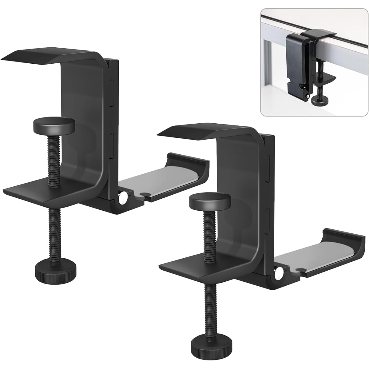 Foldable Headphone Holder Cable Clip Organizer for PC Gaming Headset, Black Aluminum Headset Holder Clamp Hanger Universal Headphone Mount Clam Pack of 2