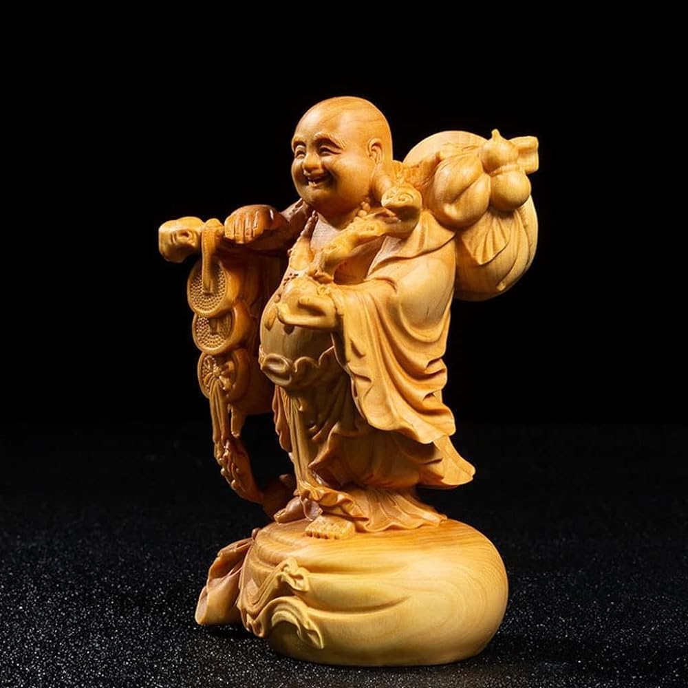 Buddha Statue Wood Carving Mini Seven Lucky Gods Ornament Hotei High Quality Natural Boxwood Wood Carving Hotei-sama Feng Shui (Height 10cm)