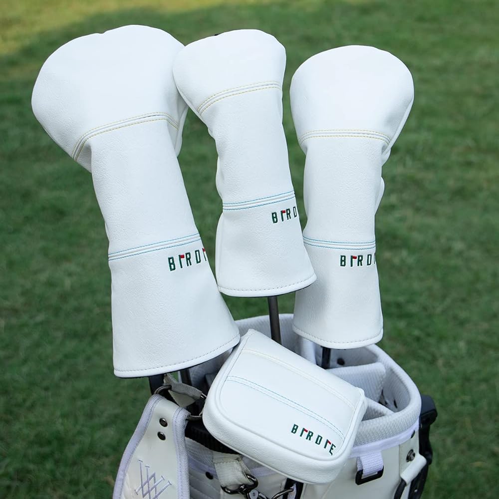 Golf Headcover Simple Design Birdie Embroidery Premium Leather Liver Cover for Fairway Wood, Utility, Hybrid Golf Club Set White Headcover