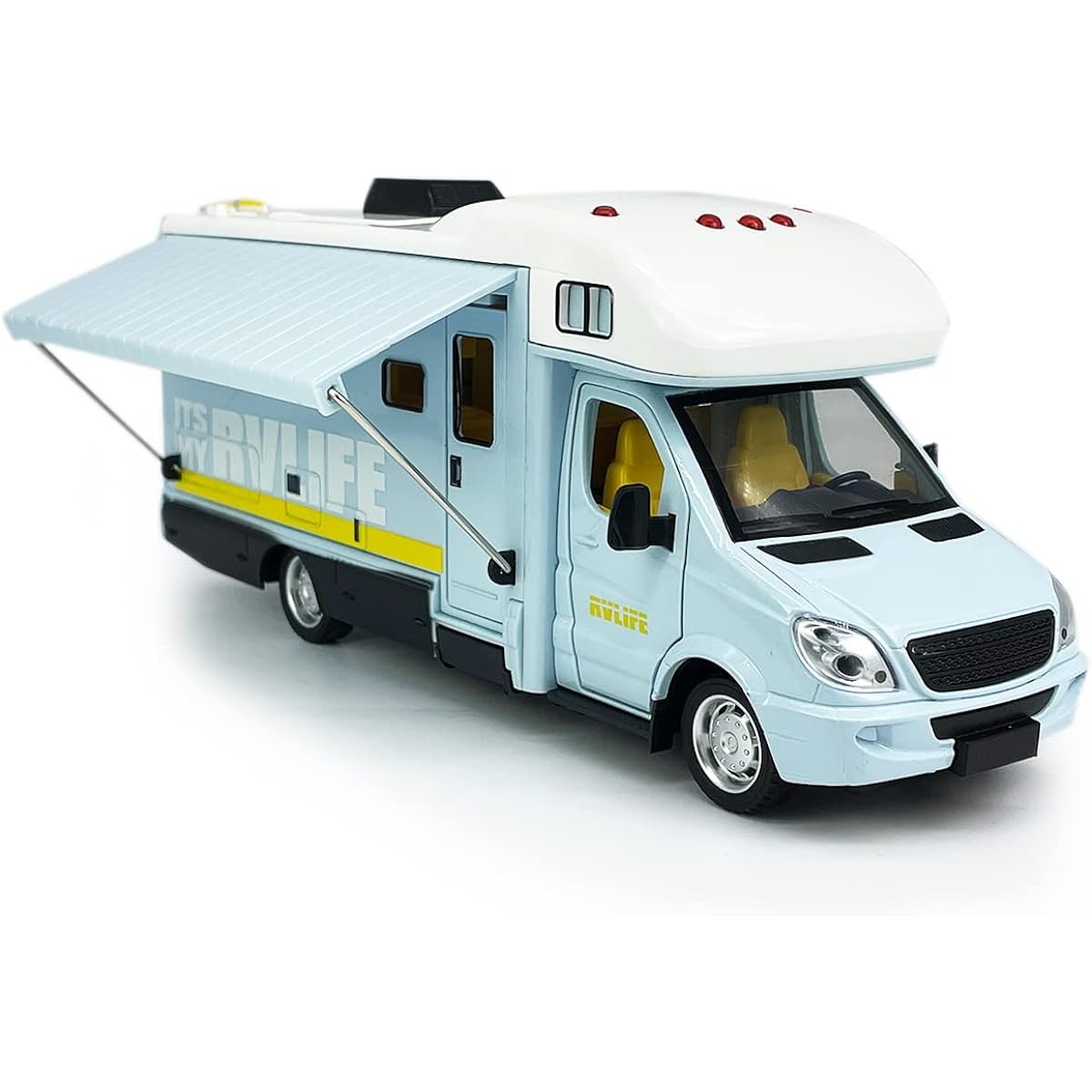 Toy Camper RV Motorhome Toy Boys Girls Diecast Metal Recreational Vehicle Pretend Play Pull Back Model Car Door & Awning Open Light Sound For Ages 3 4 5 6 Years Kids Toddler Birthday Gift Blue