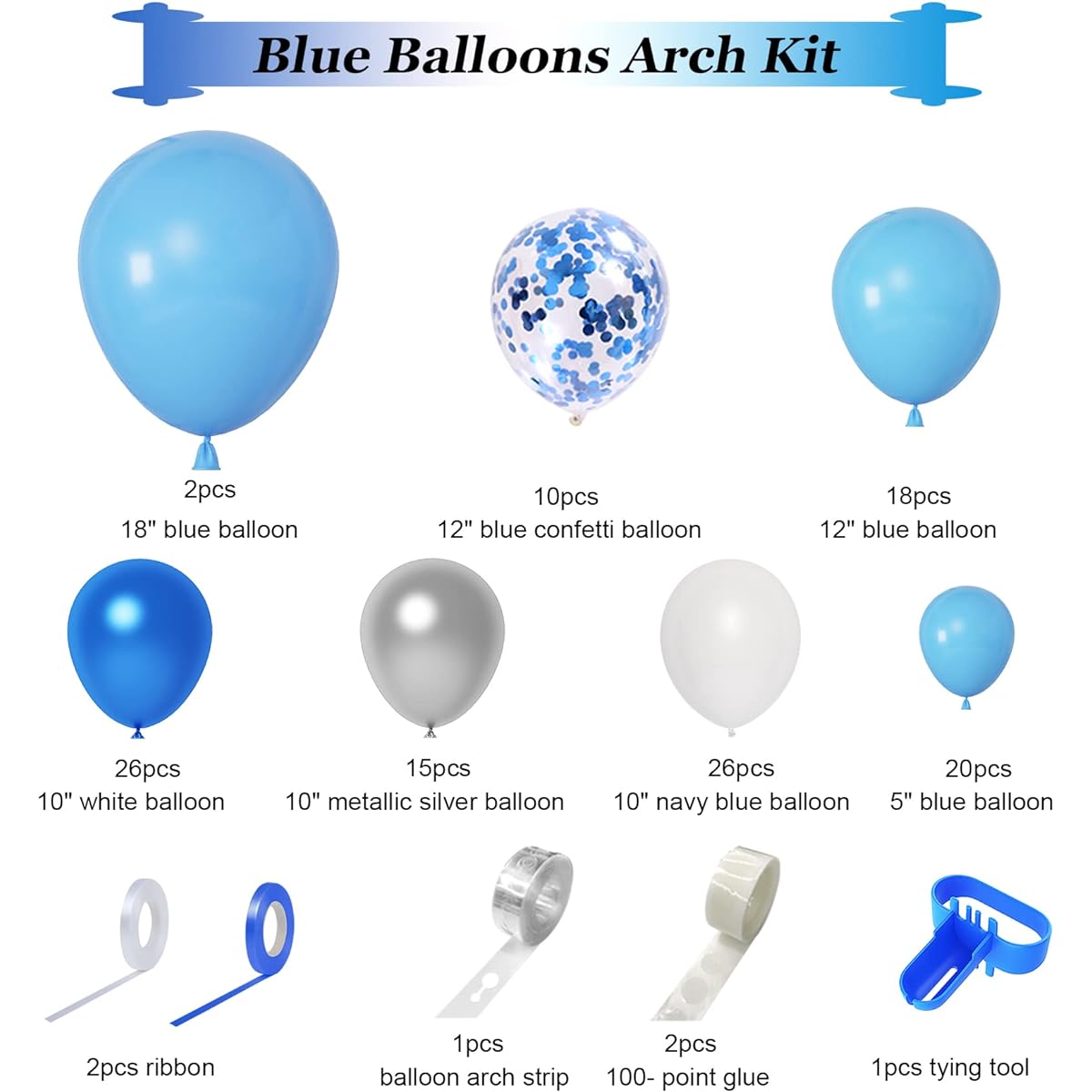 123pcs Blue Balloon Garland Arch Kit with 18" 12" 10" 5" Navy Blue Silver Metallic White Confetti Balloons and 6 Tools for Birthday Party Theme Wedding Baby Shower Graduation Backdrop Supplies