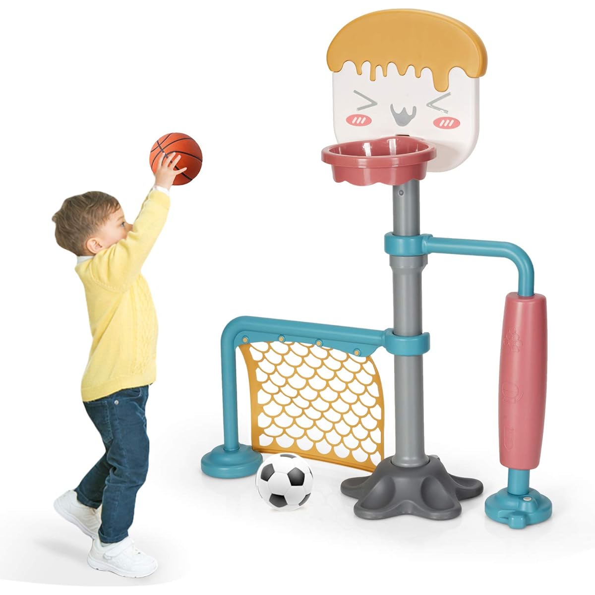 Costzon 3-in-1 Toddler Basketball Hoop & Soccer Goal Stand, Adjustable Height, Indoor & Outdoor Activity Center, Basketball & Soccer for Kids