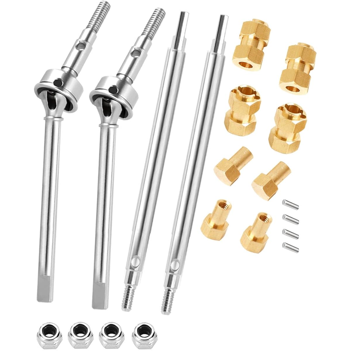 RCMYou RC Upgrade Parts for 1/18 Traxxas TRX4M 4pcs Front & Rear Drive Shaft CVD & Brass 10mm Extended Wheel Hex with 6mm Extender Adapter Hop Up Silver
