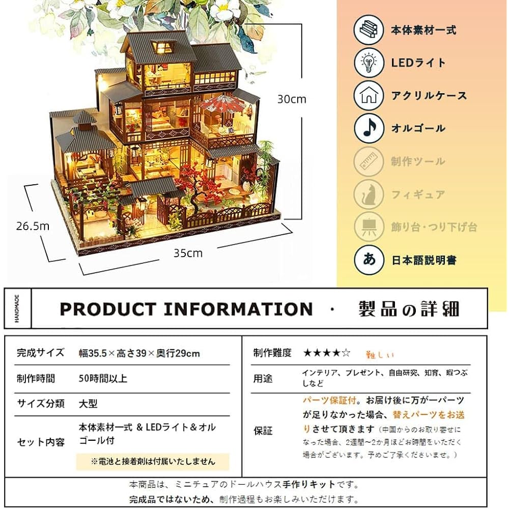 moin moin 1/24 Dollhouse Miniature Handmade Kit Set [Japanese Instruction Manual] A long-established inn with a Japanese garden with impressive maple leaves - Masami - LED light + acrylic case + music box (Pachelbel's Canon) 2208dh342