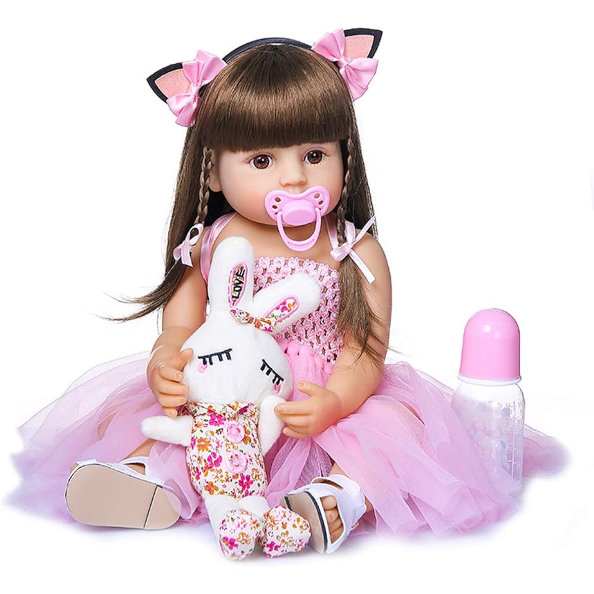MIANBAO 22inch Reborn Baby Doll Silicone Full Body Lifelike Cute Bath Doll Baby Gift Doll Cat Ears Hairband & Pink Dress