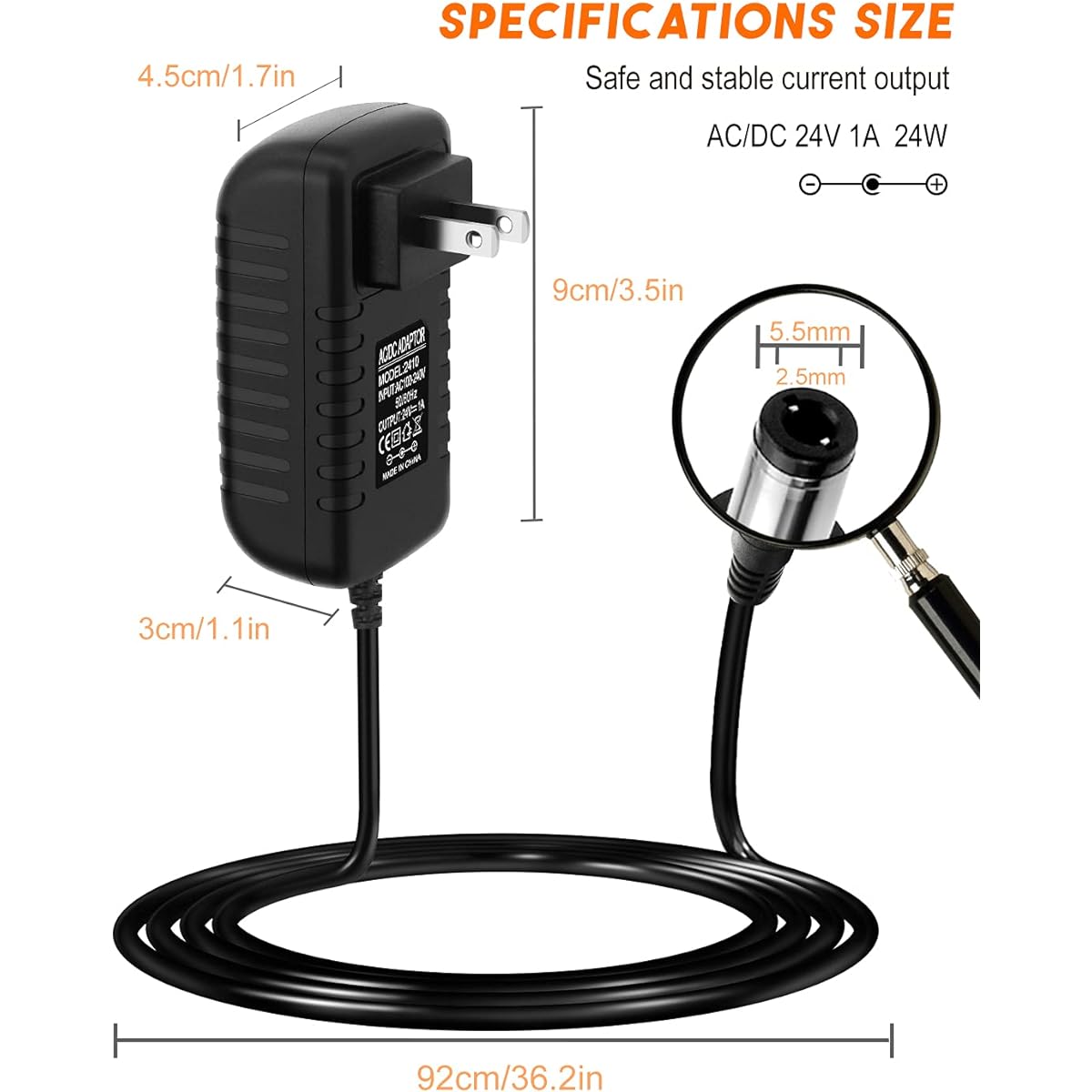 AC to DC Adapter 24V 1A 24W DC Power Adapter AC 100V~240V to DC 24 Volt 1 Amp Converter 1000mA 800mA 600mA 400mA 200mA 5.5x2.1mm/2.5mm Plug