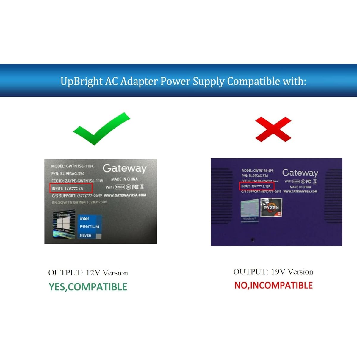 UpBright 12V UL AC/DC Adapter Gateway GWTN156-11 GWTN156-11BK BL.9ESAG.354 GWTN156-11BL GWTN156-11RD GWTN156-11MC GWTN156-11GR BL.9ESAG.357 Compatible with 12VDC power supply Cord charger (not 19) V. )