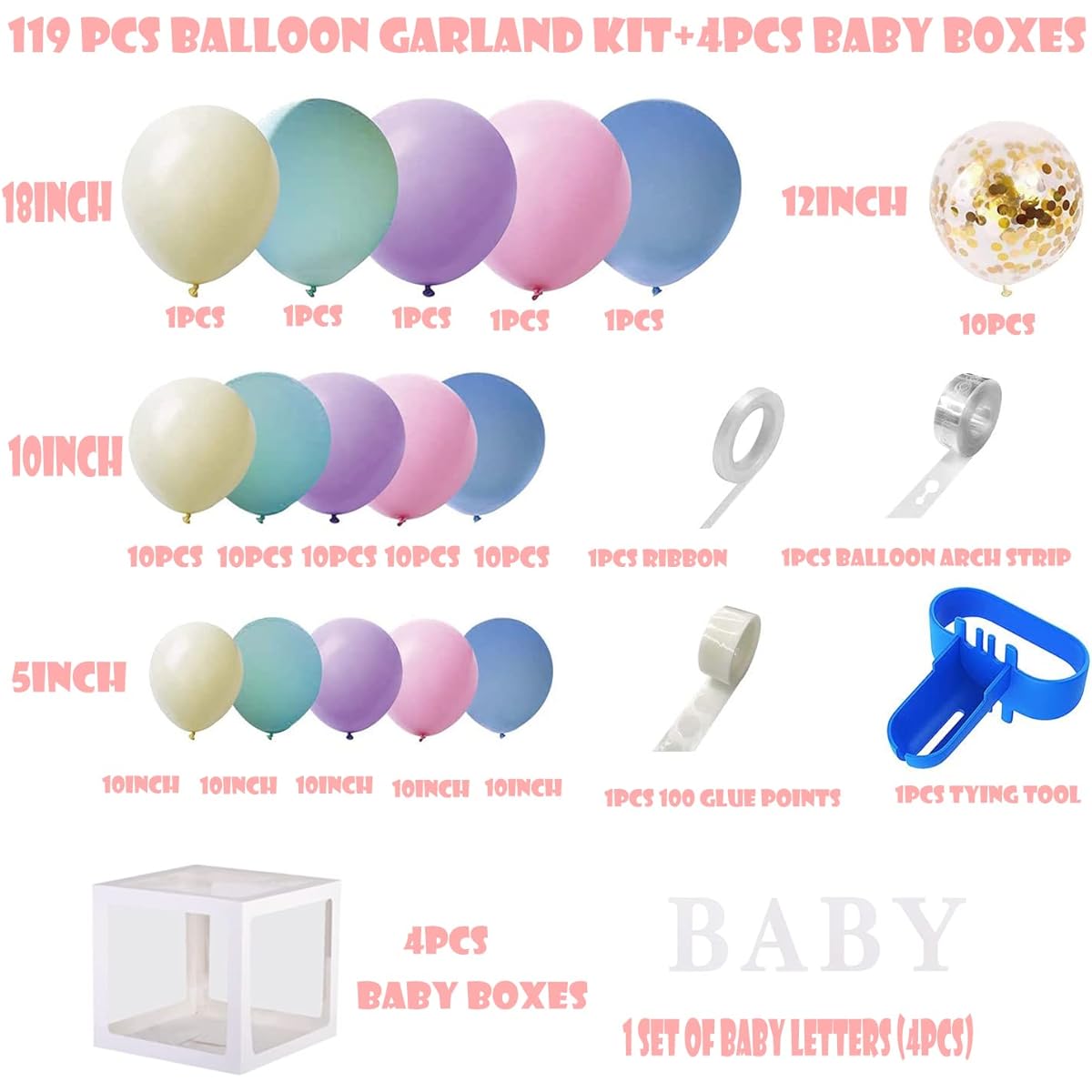 BMLFOH Birthday Balloon Decoration Supplies - 4pcs Baby Box with Letters Balloon Garland Arch Kit for Baby Shower Boy Girl Gender Reveal Party Theme Kids Graduation