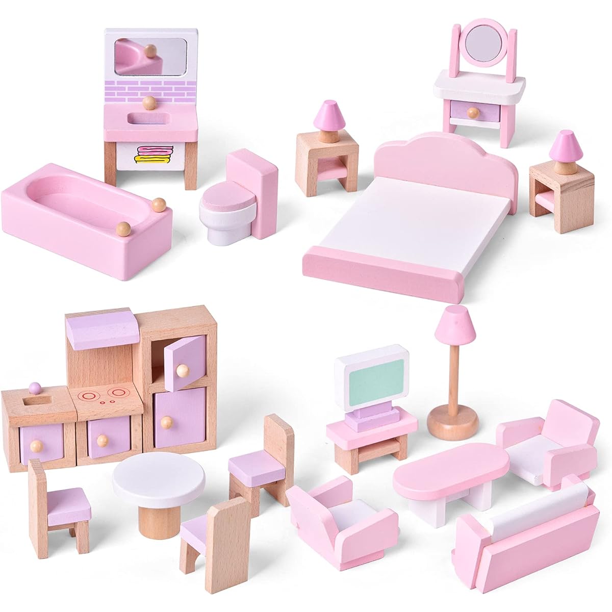 Fun Little Toys 4 Sets Wooden Dollhouse Furniture 22 Piece Dollhouse Accessories Pink Wooden Toys