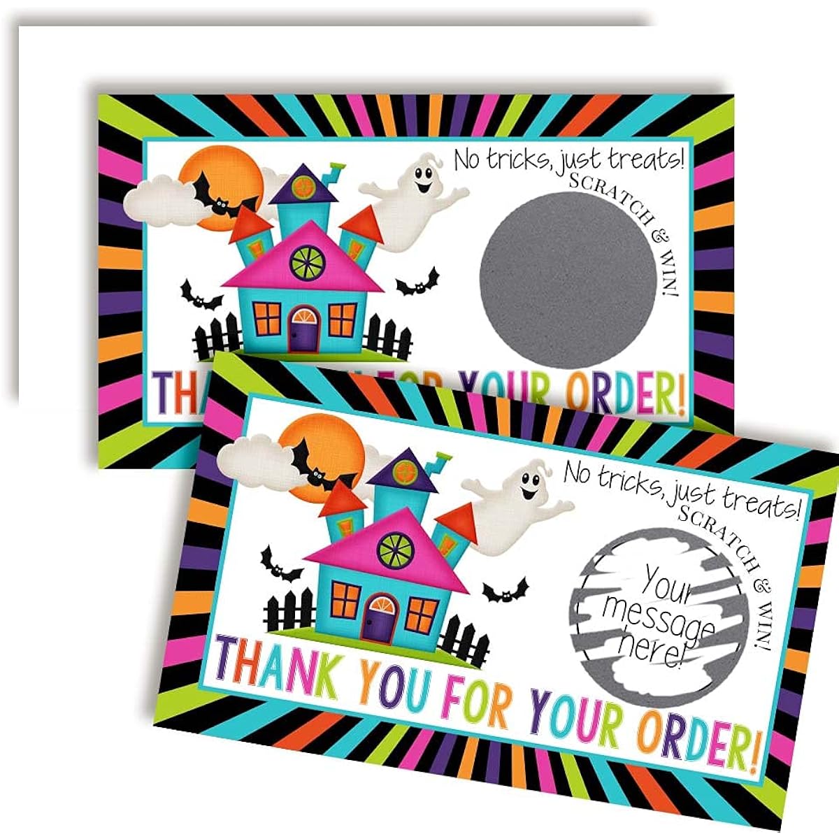 AmandaCreation Colorful Haunted House Halloween Theme Scratch & Win Customer Appreciation Package Inserts for Small Businesses, 2" x 3.5" Single Sided Insert Cards with Scratch Off Stickers, 20 Count