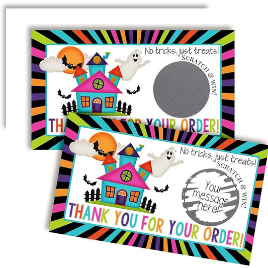 AmandaCreation Colorful Haunted House Halloween Theme Scratch & Win Customer Appreciation Package Inserts for Small Businesses, 2" x 3.5" Single Sided Insert Cards with Scratch Off Stickers, 20 Count