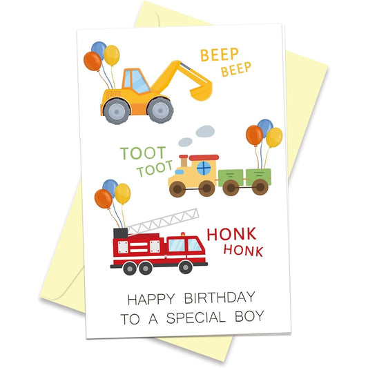 Arsagen Funny Birthday Cards for Boys Cute Birthday Cards Son Grandson Nephew Cousin Brother Digger Train Fire Engine Car Birthday Card