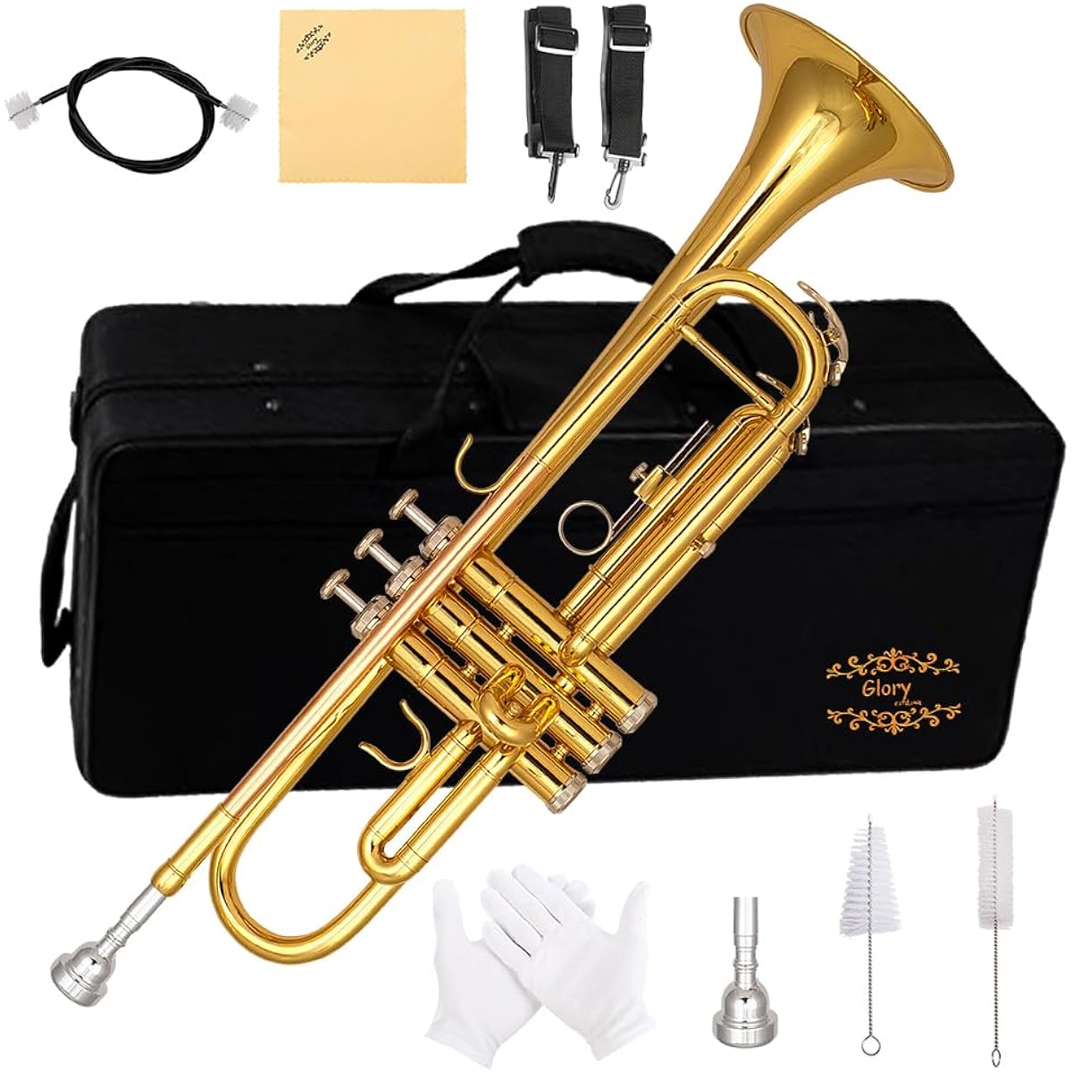 Glory Bb Trumpet - Beginner or Advanced Trumpet with Case, 1 Pair of Gloves, Gold