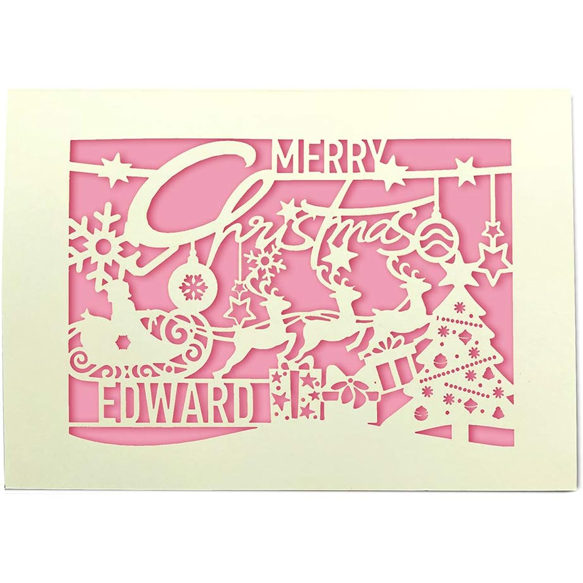 Personalized Merry Christmas Cards 2022 Laser Cut Glitter Paper Cards Christmas Greeting Cards with Envelopes Custom Gifts(Pink)