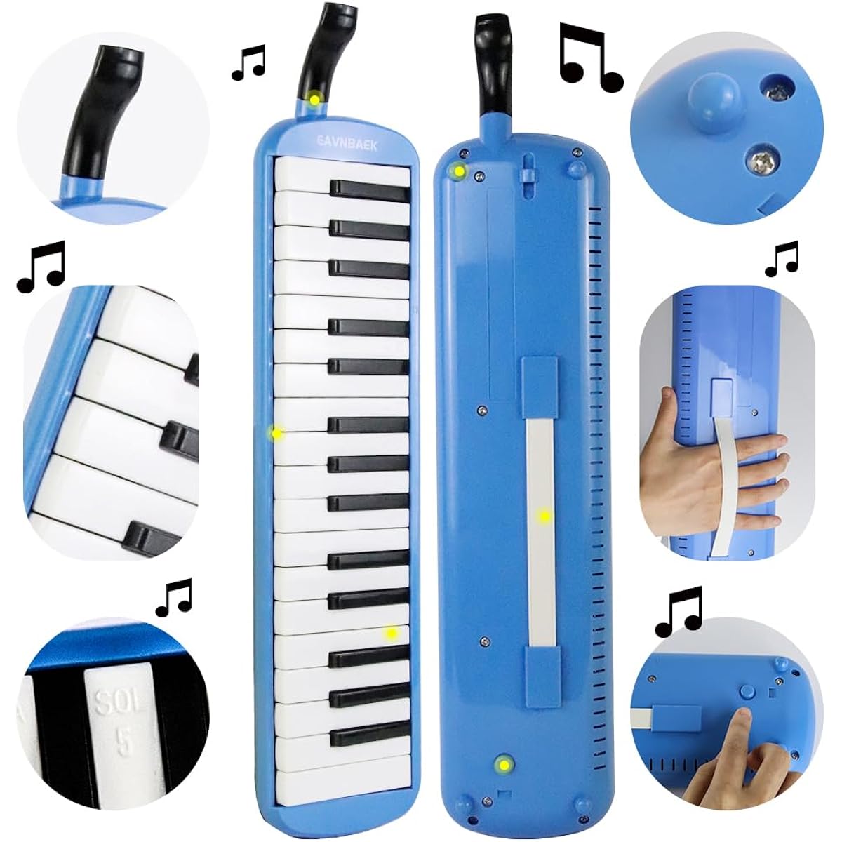 Eavnbaek 32 Key Melodica Instrument Soprano Melodica Air Piano Keyboard Piano 2 Soft Long Tubes 2 Short Mouthpieces Carry Bag (Blue)