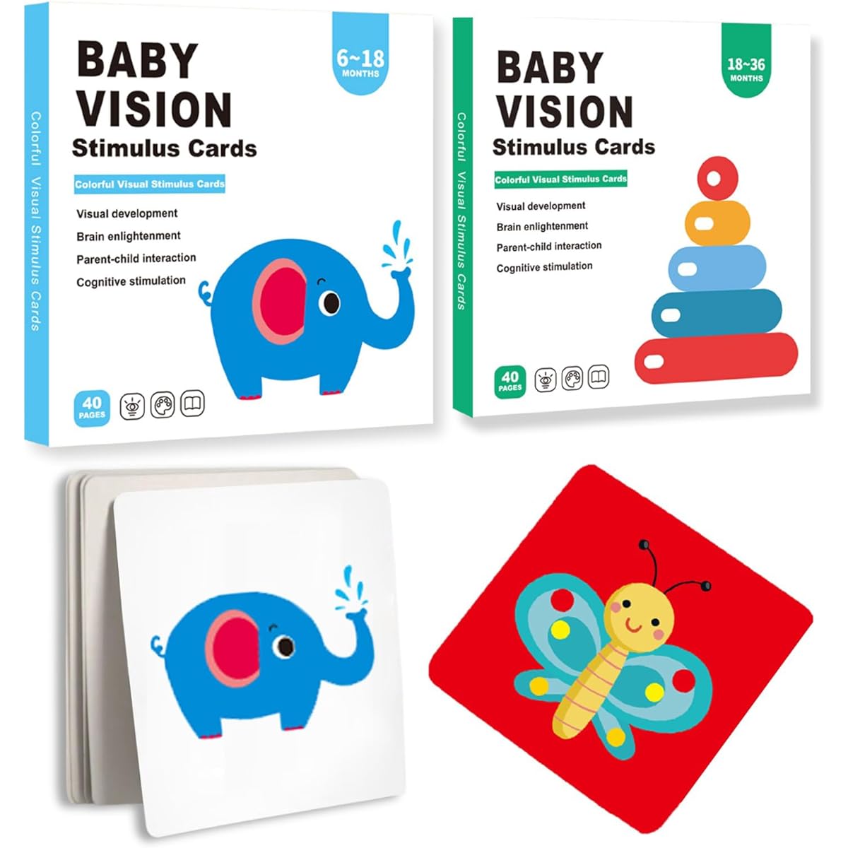 Visual Stimulation Flash Cards 40 Sheets 80 Pages Colorful Baby Visual Stimulation Cards Sensory Development Black White Card Set for Newborns (2 Books (6-36 Months))
