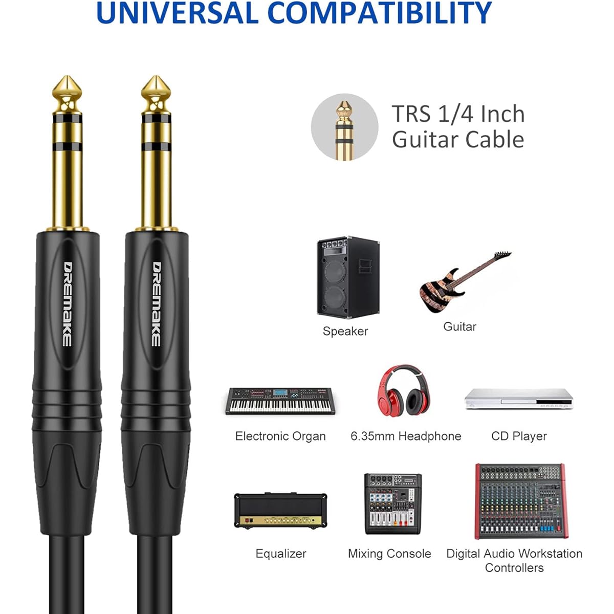 DREMAKE 5 Pack 6.35mm~6.35mm Stereo Audio Instrument Cable - 25' TRS 1/4" (6.35mm) Bass & Electric Guitar Amplifier Cord - Jack 6.5mm Quarter Inch Straight M/M Pedal Patch Cord - 5 Pack 1/ 4 inch TRS