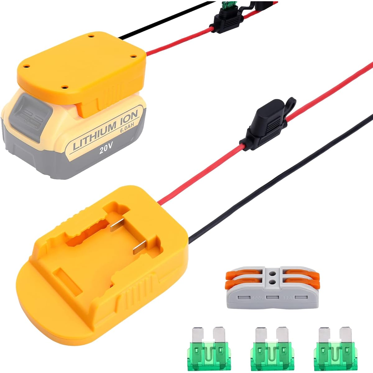 Dewalt 20V Battery Adapter Power Wheels Battery Converter Kit with Fuse & Wire Terminals 12AWG Wire Power Connector for DIY RC Car Toys Robotics RC Truck