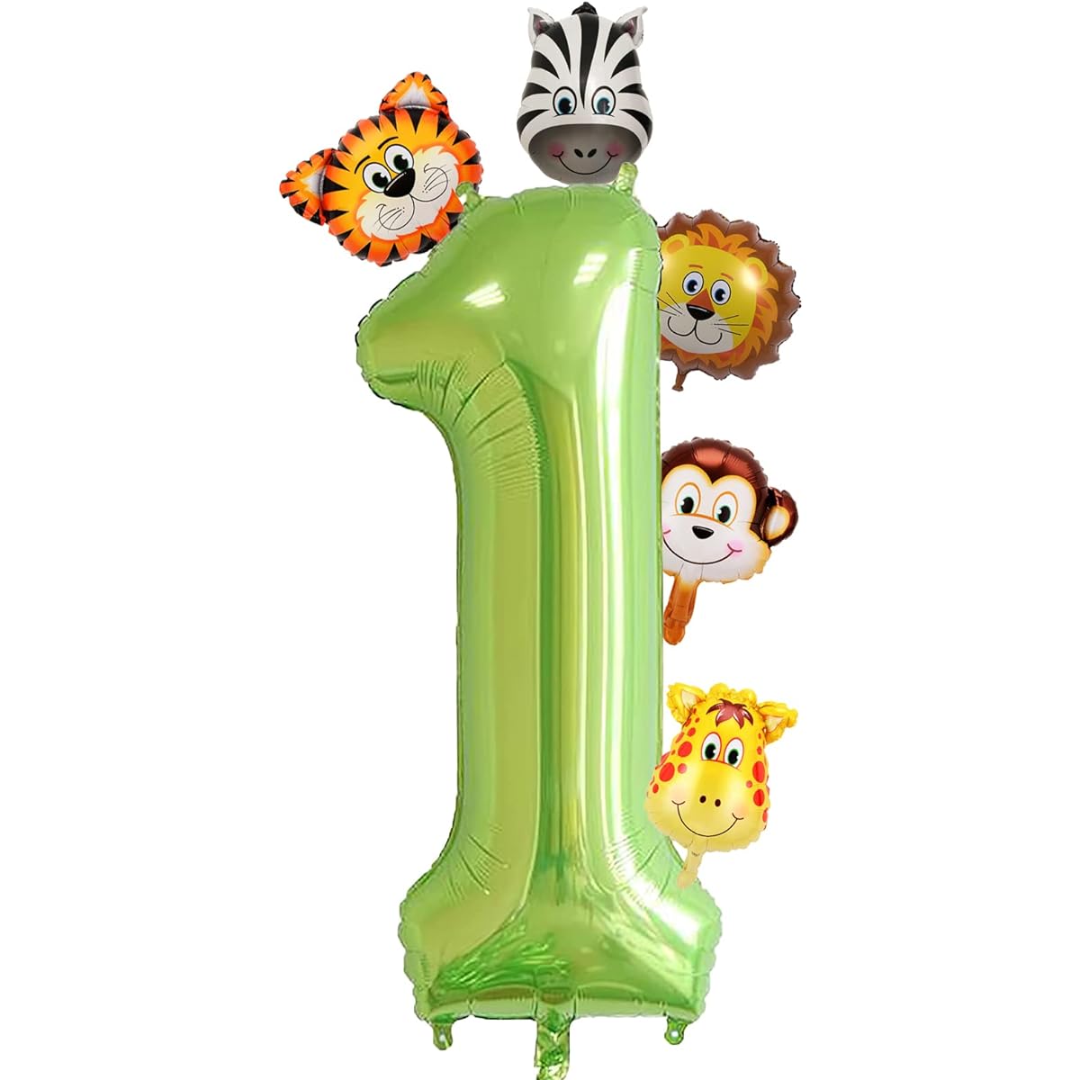 40inch Green Number 1 Mini Jungle Animal Balloons Tiger Lion Giraffe Monkey Zebra Animal Foil Balloons for Kids Birthday Cute Baby Shower Party Decorations