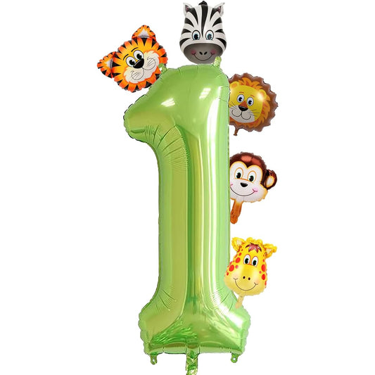 40inch Green Number 1 Mini Jungle Animal Balloons Tiger Lion Giraffe Monkey Zebra Animal Foil Balloons for Kids Birthday Cute Baby Shower Party Decorations
