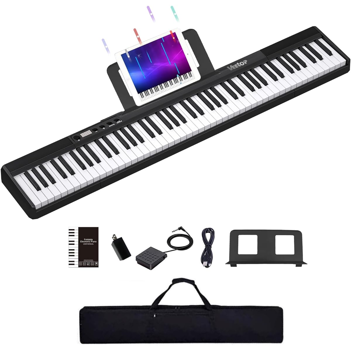, Portable, Tabletop Piano, Ultra Small, MIDI Compatible, 10mm Stroke, 128 Tones, Pedal Included, Compact, Lightweight, Special Case Included, Japanese Instruction Manual, For Beginners, Children, Piano Practice, Piano Teaching, Piano Performance (Black)