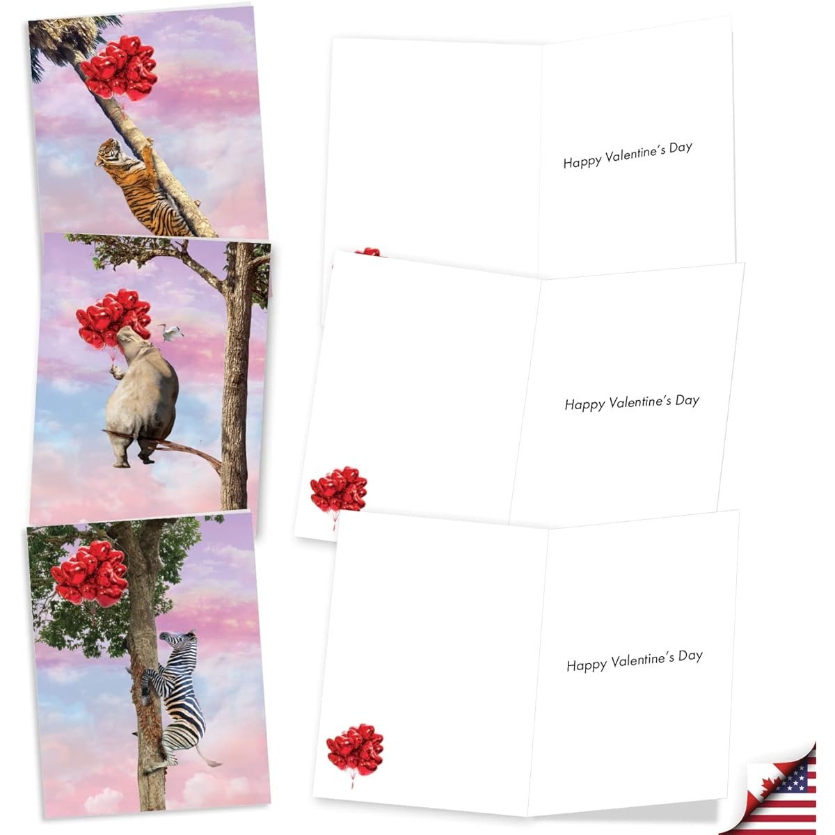The Best Card Company 20 Assorted Valentine's Day Note Cards Box Set 4 x 5.12 Inch with Envelopes (10 Designs, 2 of Each) Wooden Animals AM10323VDG-B2x10