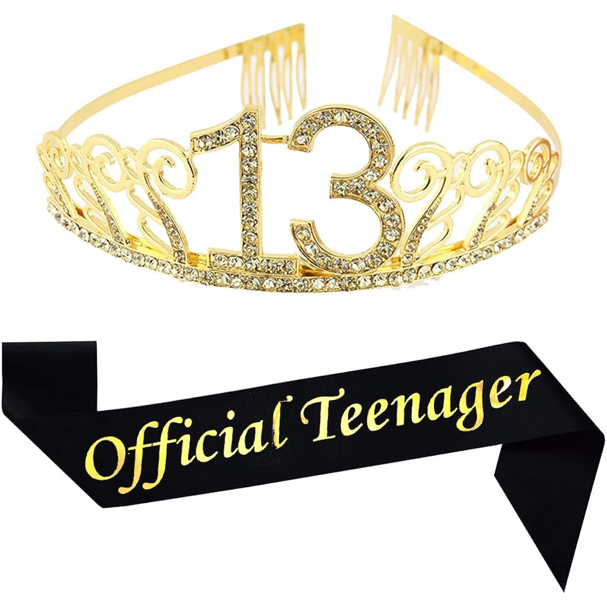 13th Birthday Gold Tiara and Sash, Glitter Satin "Official Teenager" Sash and Crystal Rhinestone Birthday Crown, Happy 13th Birthday Party Supplies, Favors, 13th Birthday Cake Topper