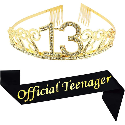 13th Birthday Gold Tiara and Sash, Glitter Satin "Official Teenager" Sash and Crystal Rhinestone Birthday Crown, Happy 13th Birthday Party Supplies, Favors, 13th Birthday Cake Topper