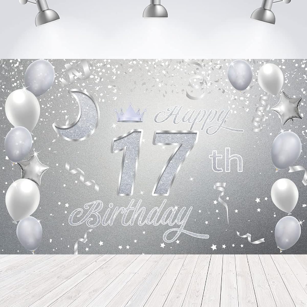 Sweet Happy 17th Birthday Backdrop Banner Poster 17th Birthday Party Decorations 17th Birthday Party Supplies 17th Photo Backdrop for Girls Boys Women Men Silver 72.8 x 43.3 inches