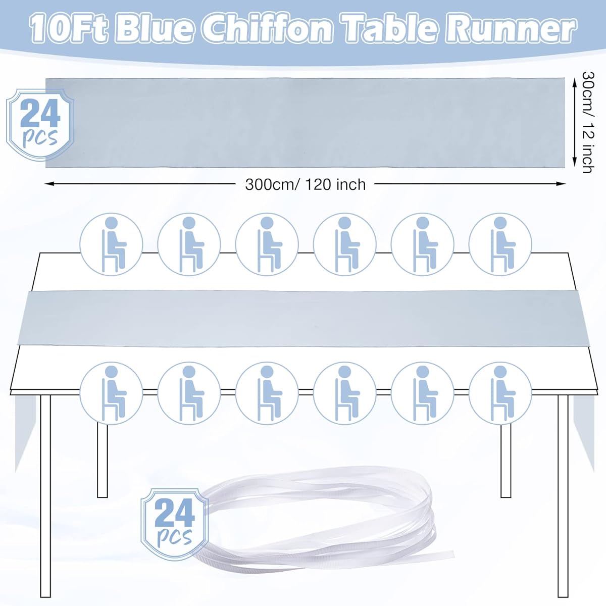 24 Pack Chiffon Table Runner Romantic Sheer Blush Table Runner Long Tulle Table Runner Table Decoration Wedding Bridal Shower Birthday Party Supplies 120 x 12 Inch (Dusty Blue)