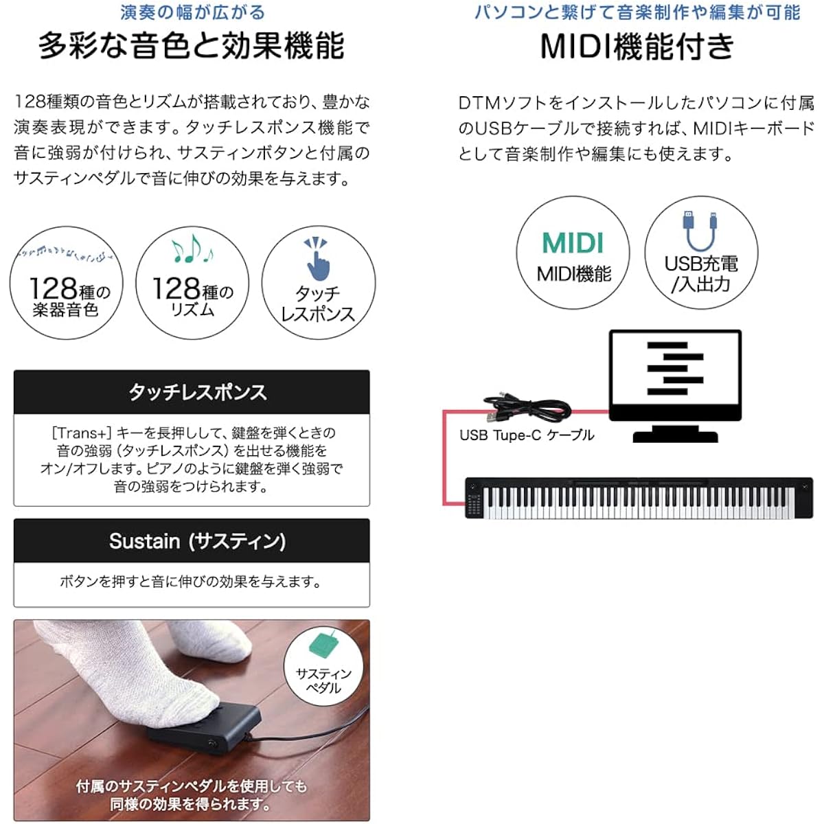 RiZKiZ USB Rechargeable Bifold Electronic Keyboard [88 Keys] Cordless, Foldable, Portable, 128 Instrument Tones, Rhythm, MIDI Function, Sustain Pedal, USB Rechargeable, Recording and Playback Function