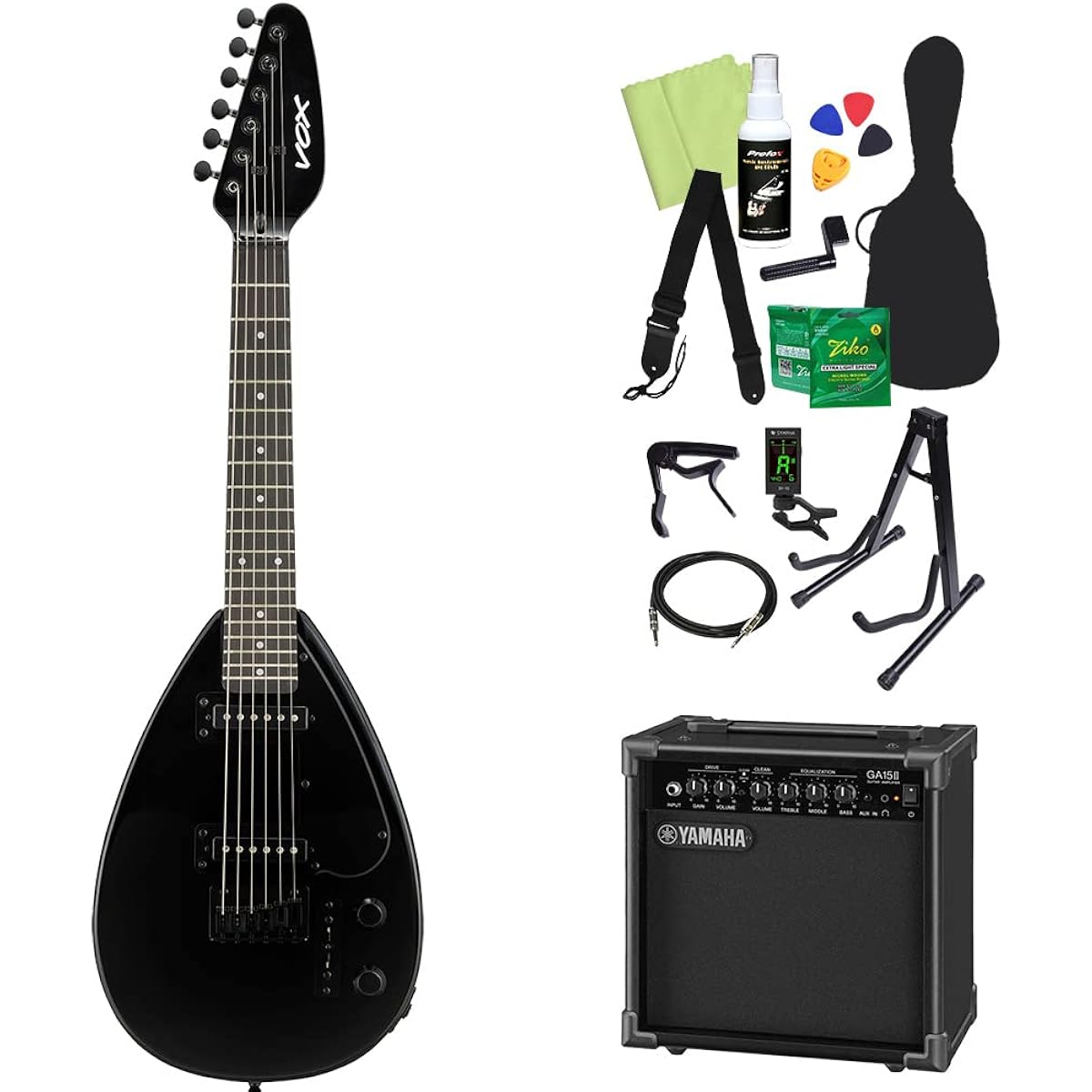 VOX MK3 MINI Electric Guitar Beginner 14-Piece Set [Includes Yamaha Amplifier] SLBK Mini Guitar Travel Guitar Short Scale Teardrop Shape Box