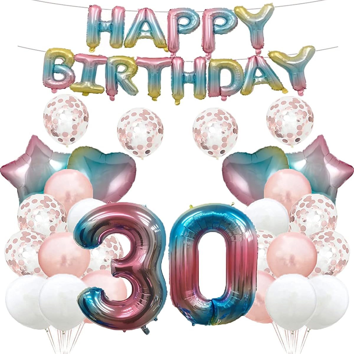 30th Birthday Balloons 30th Birthday Decorations Rainbow Balloons 30th Birthday Party Supplies Number 30 Foil Mylar Balloons Latex Balloons Gifts for Girls Boys Women Men