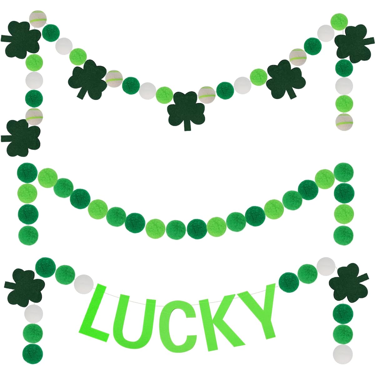 St. Patrick's Day Felt Ball Garland with Shamrocks Green/Dark Green/White Pom Pom Garland 6.6ft Felt Ball Garland Banner Hanging Decorations Irish Themed Party Favors for Home Fireplace Mantle