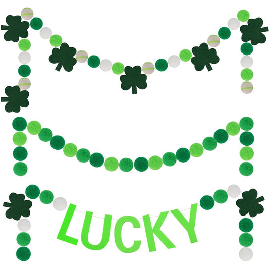 St. Patrick's Day Felt Ball Garland with Shamrocks Green/Dark Green/White Pom Pom Garland 6.6ft Felt Ball Garland Banner Hanging Decorations Irish Themed Party Favors for Home Fireplace Mantle