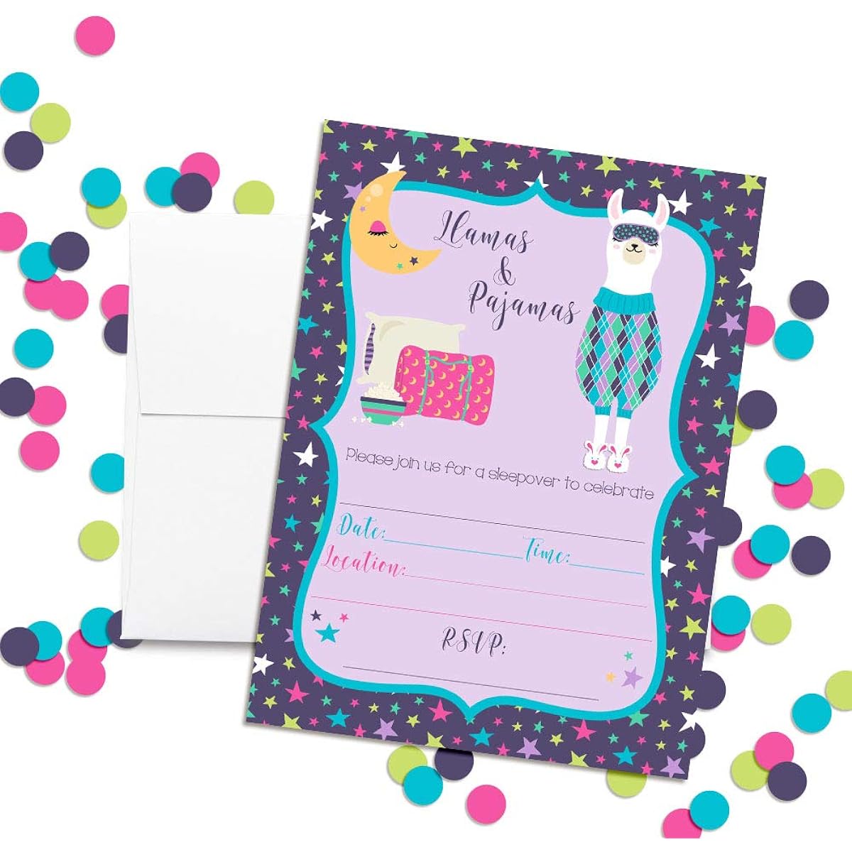 AmandaCreation Llama and Pajamas Sleepover Party Birthday Party Invitations - 20 5"x7" Cards with 20 White Envelopes Included