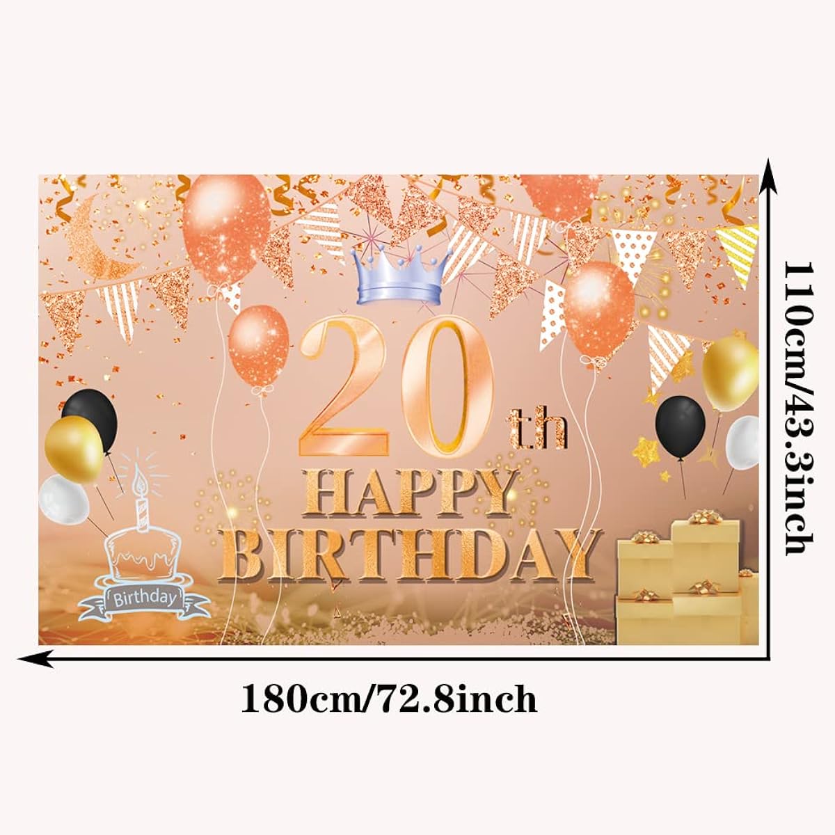Happy 20th Birthday Backdrop Banner, Rose Gold 20 Years Old Sign Poster, 20th Birthday Party Supplies, Anniversary Photo Booth Photography Background, Birthday Party Decorations, 72.8 x 43.3 Inch