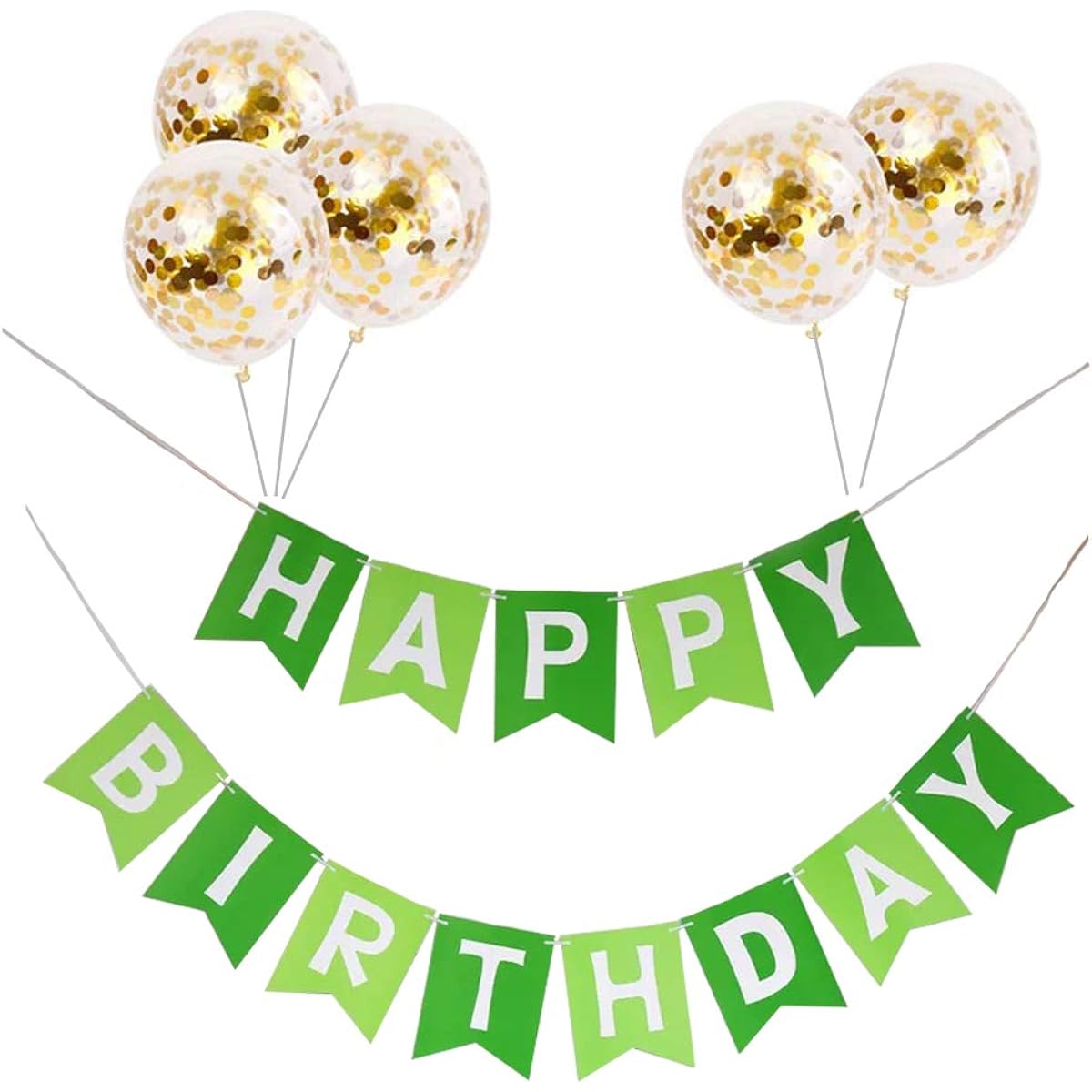 Tellpet Happy Birthday Banner with 5 Gold Confetti Balloons, Green