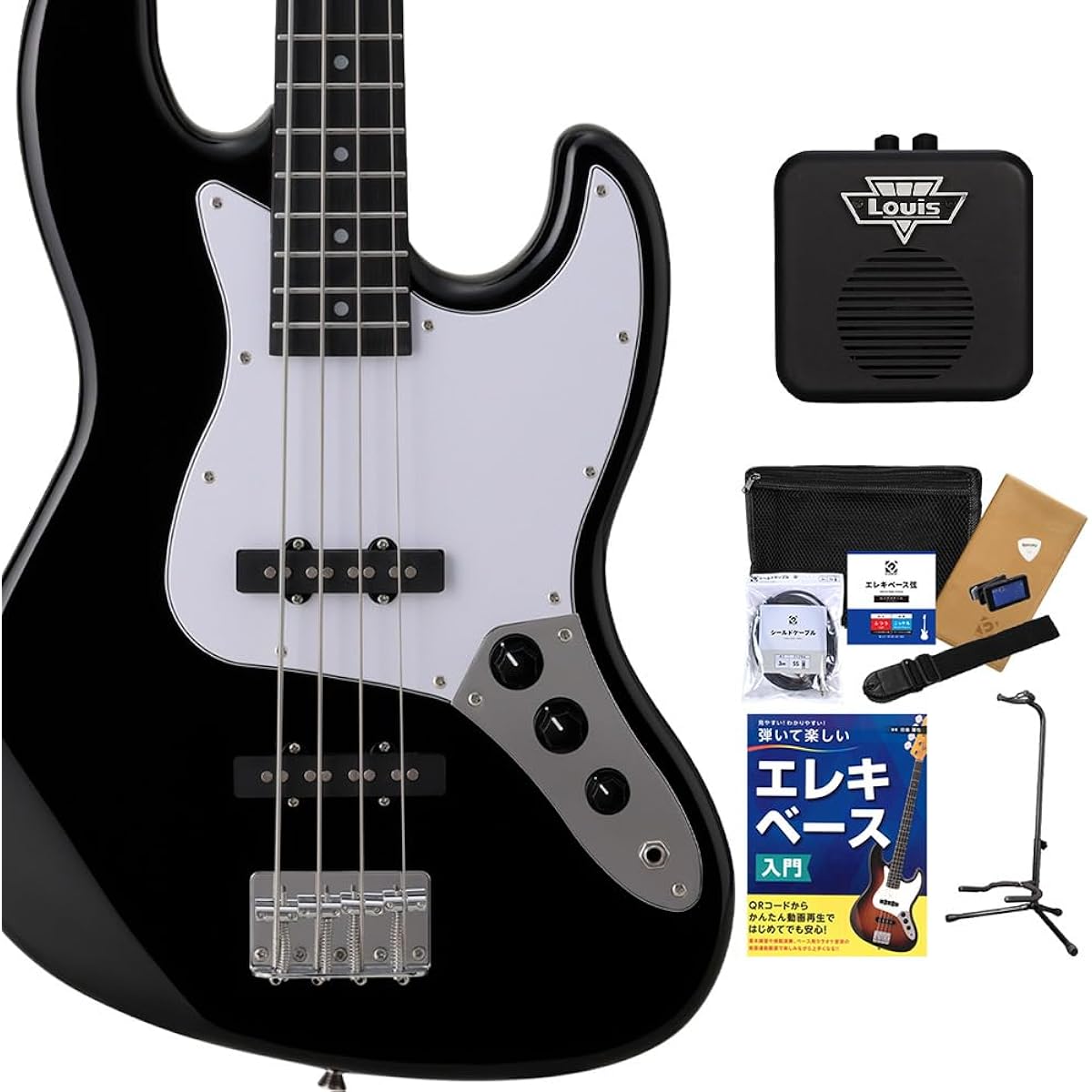 BUSKER'S BJB-Standard BLK Beginner's Bass Set with Mini Amp, Jazz Bass Type, Roasted Maple, Black, Busker's