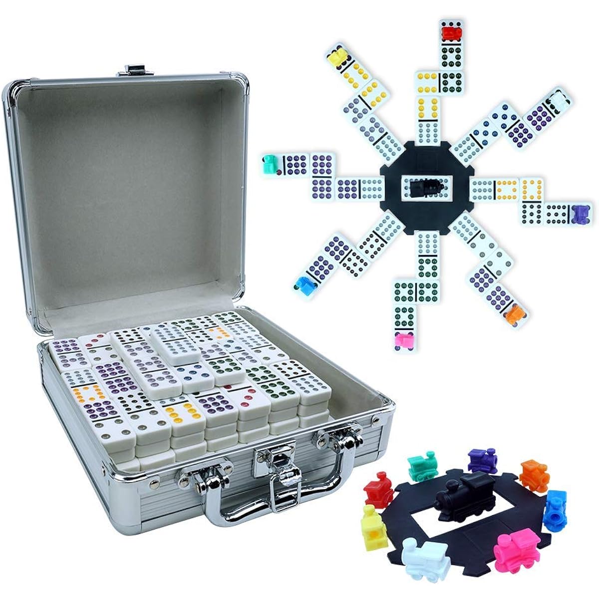 Pureplay Double 12 Color Dot Domino Game Set Mixian Train Chicken Feet 91 Tiles and 9 Train Rows Plastic Pieces Aluminum Case for Kids Adults Women