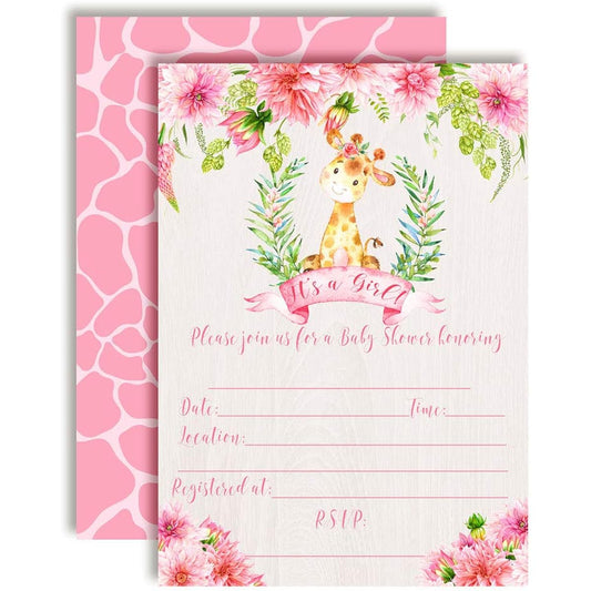 AmandaCreation Watercolor Dahlia Floral Giraffe Themed Baby Girl Sprinkle Shower Invitation 5"x7" 20 Cards Includes 20 White Envelopes